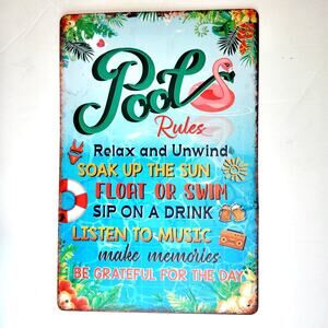 Pool Rules Tin Sign 12×8 Tropical Flamingo Summer Metal Wall Art Decor